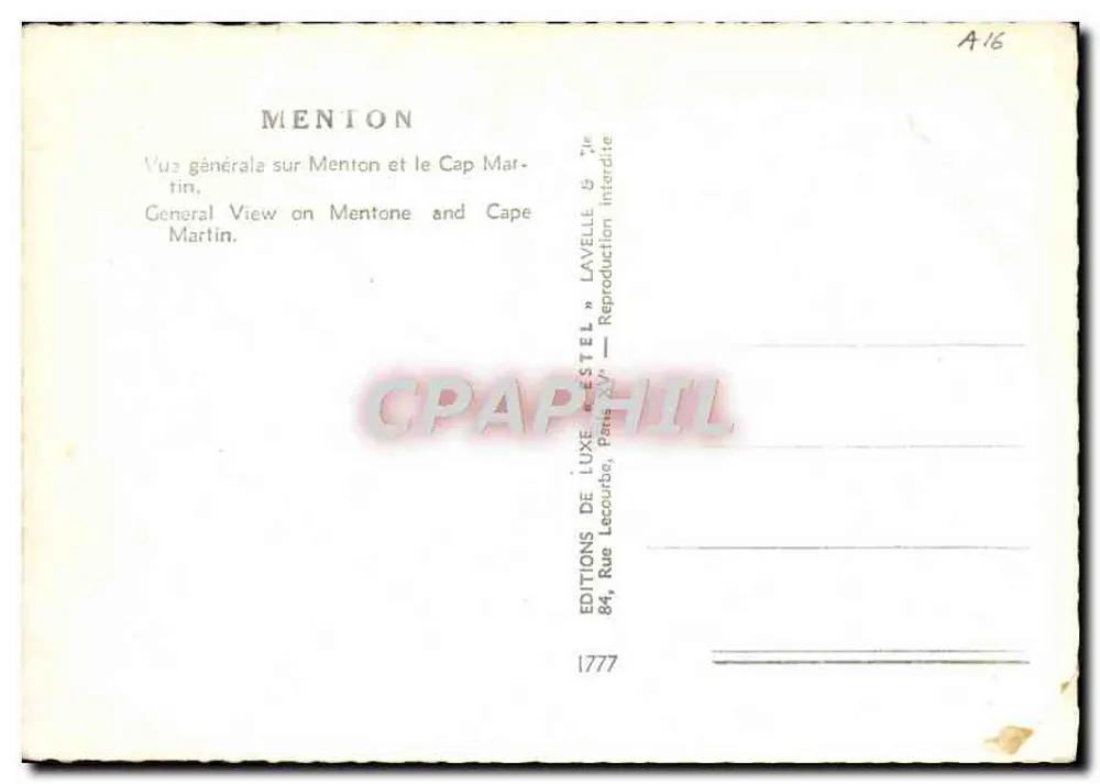 Menton e o Cabo Martin — Vista geral — Edições de Luxo Estel, Paris - Verso