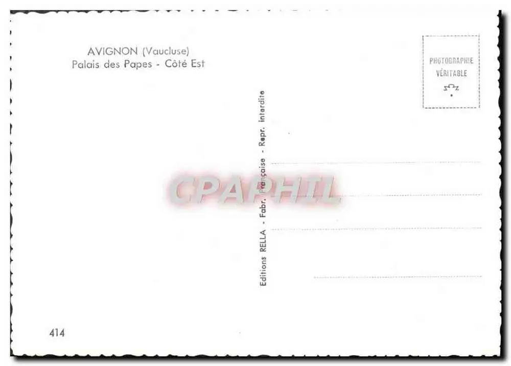 Avignon - Palácio dos Papas - Lado Leste — Éditions Rella, n°414 - Verso