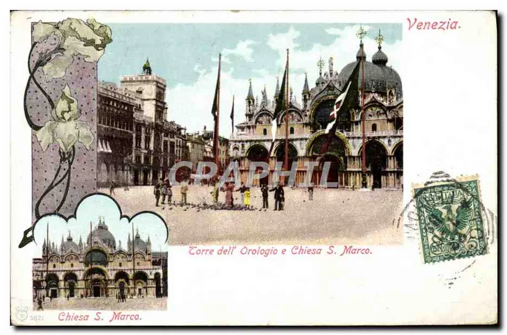 Venezia. Torre dell' Orologio e Chiesa S. Marco — Imp. Cartolina Postale, n° 5821 - Recto
