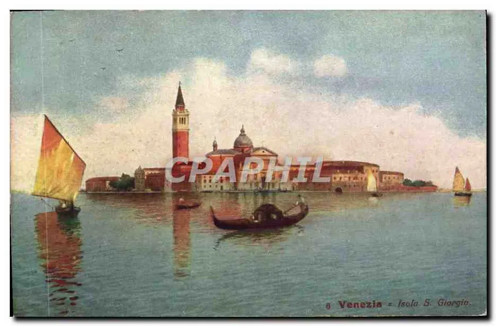 Venecia - Isla S. Giorgio — vista de la isla con góndola y veleros — editor English & American Store - Anverso