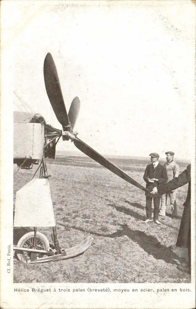 Hélice Breguet de tres palas (patentada) — eje de acero, palas de madera — CL. Rol, París - Anverso