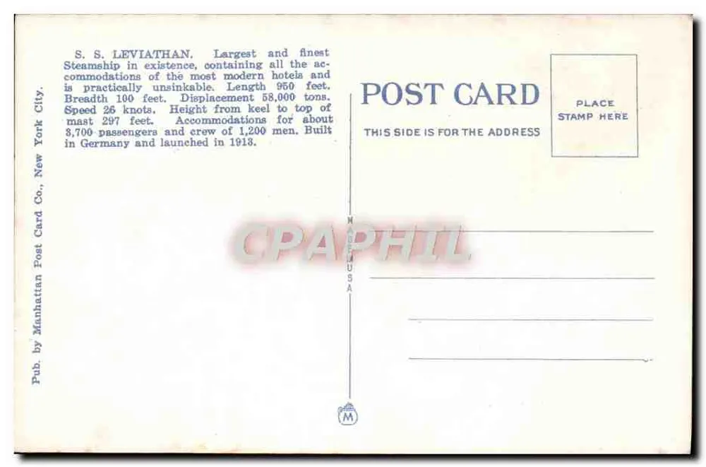 S.S. LEVIATHAN UND SKYLINE, NEW YORK — Verlag: Manhattan Post Card Co. - Rückseite