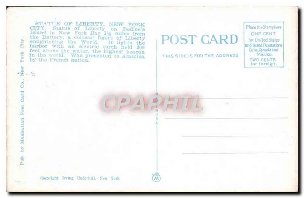 Statue of Liberty, New York — Serie 609 — Verlag Manhattan Post Card Co. - Rückseite