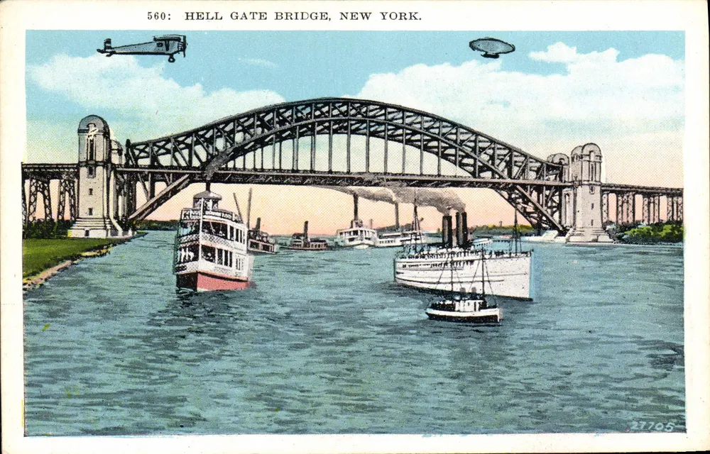 Hell Gate Bridge, Nova Iorque — ilustração com barcos e aviões — Manhattan Post Card Co. n°560 - Frente