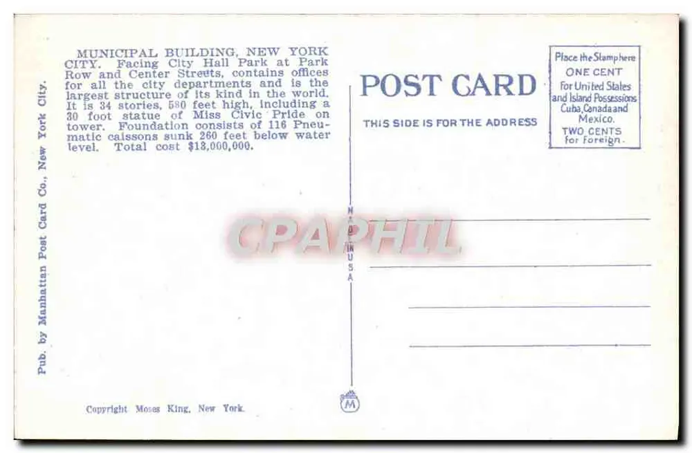 Das Rathaus, New York City — Manhattan Post Card Co. Nr. 512 - Rückseite