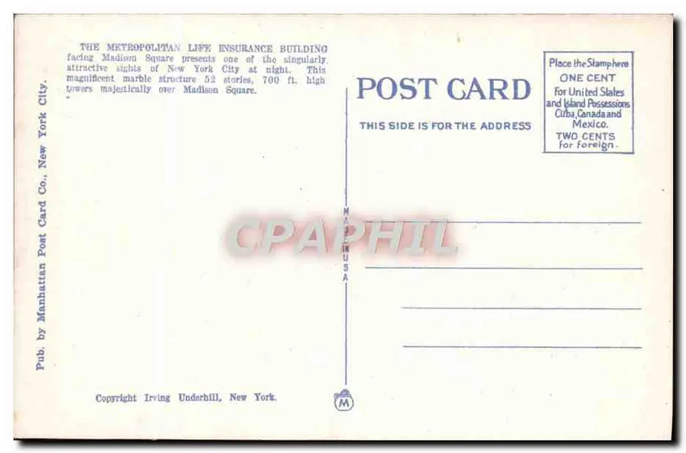 Metropolitan Life Insurance Bldg. — New York — Pub. by Manhattan Post Card Co. - Rückseite