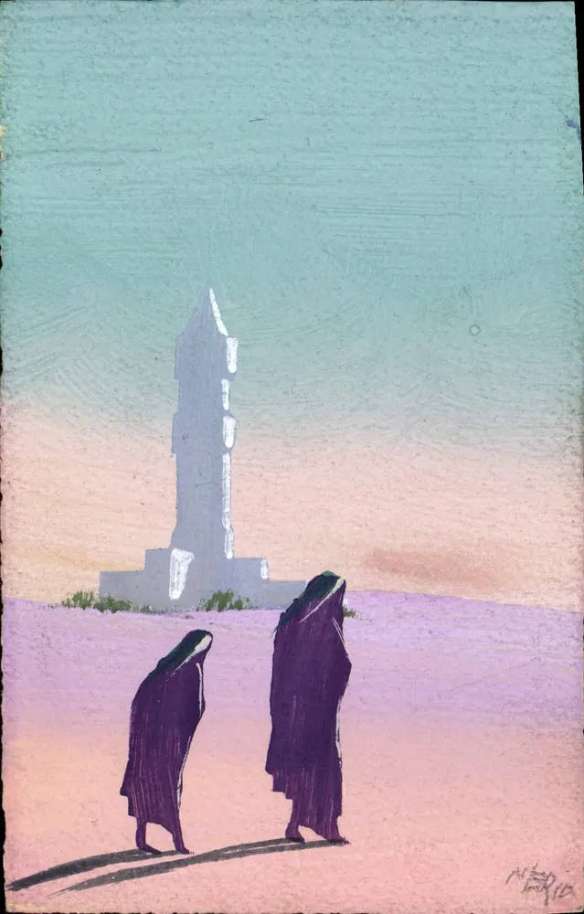 Duas figuras em vestido escuro diante de um minarete — ilustração de MERIO — número de série não visível - Frente