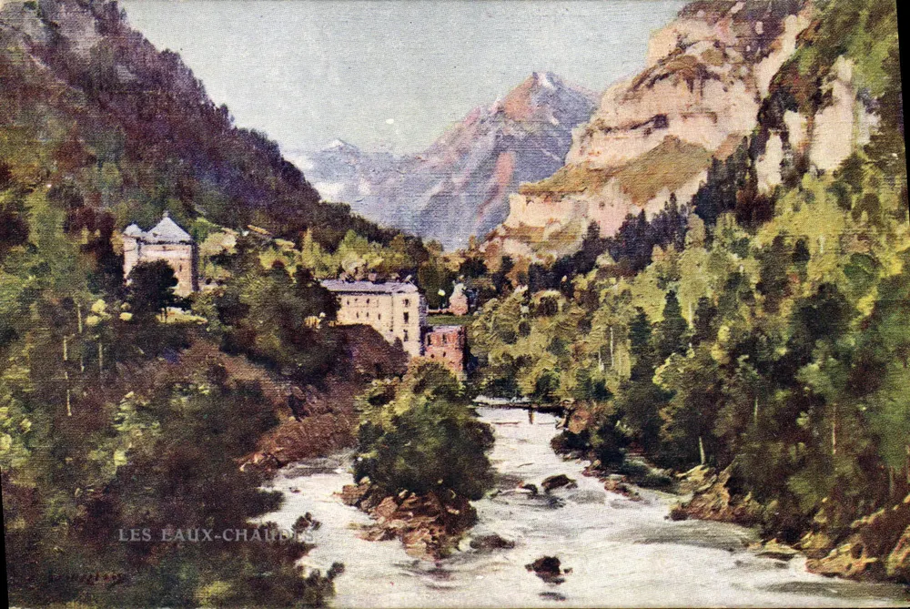 Les Eaux-Chaudes — vista do vilarejo e do rio nas Pirineus — editor H. & M. n° XVII - Frente