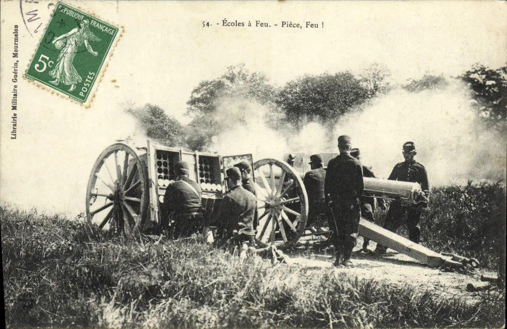 Escuelas de tiro al blanco - Pieza, Fuego! — Librería Militar Guérin, Mourmelon - Anverso
