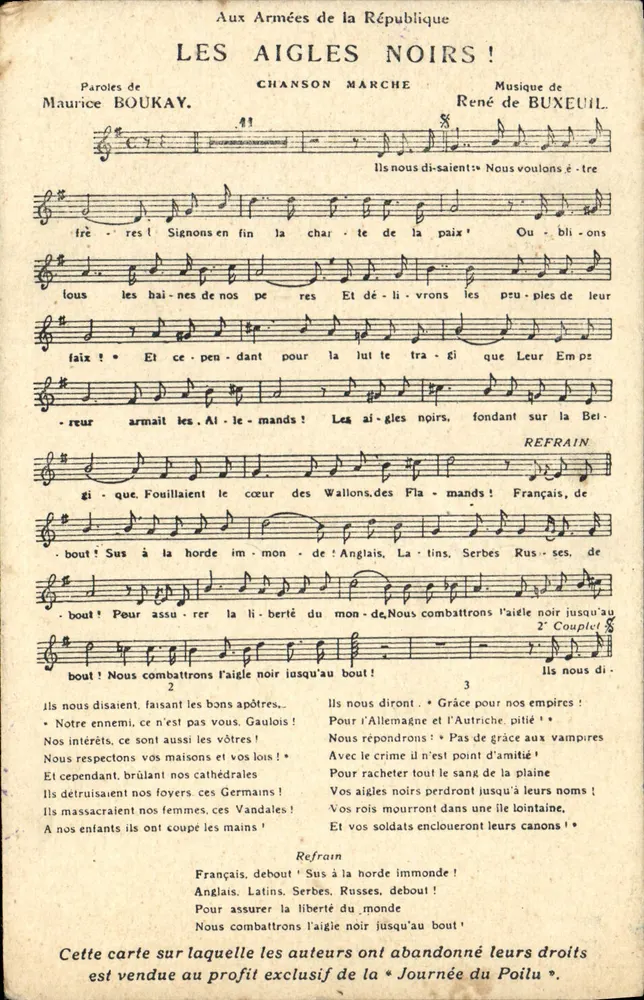 Chanson 'Les Aigles Noirs !' — chanson de guerre pour les Armées de la République — éditée par les Journées du Poilu - Frente