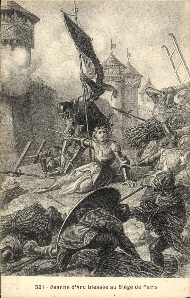 Joana d'Arc ferida no Cerco de Paris — ilustração histórica — editor não visível, número de série 501 - Frente