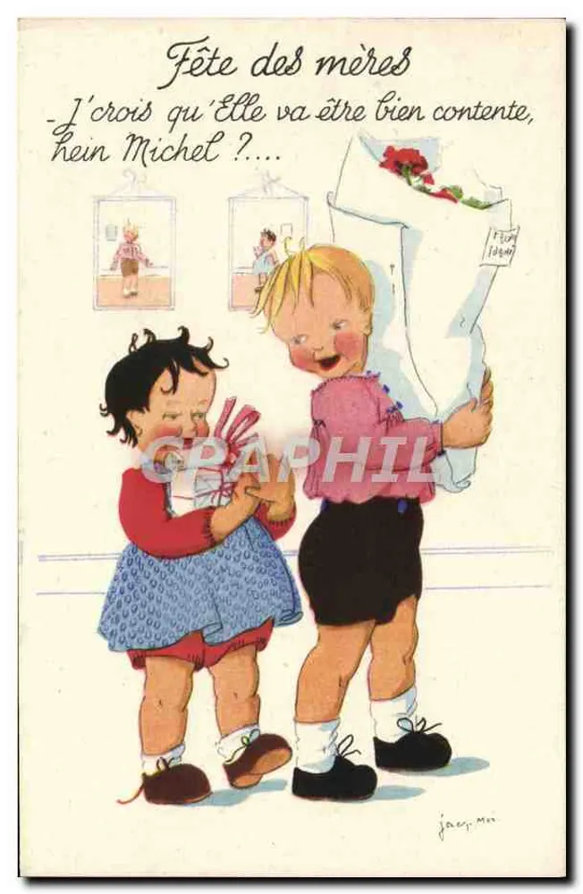 Muttertag — Kind, das Rosen einer kleinen Mädchen schenkt — Zeichnung von jac. mi. - Vorderseite