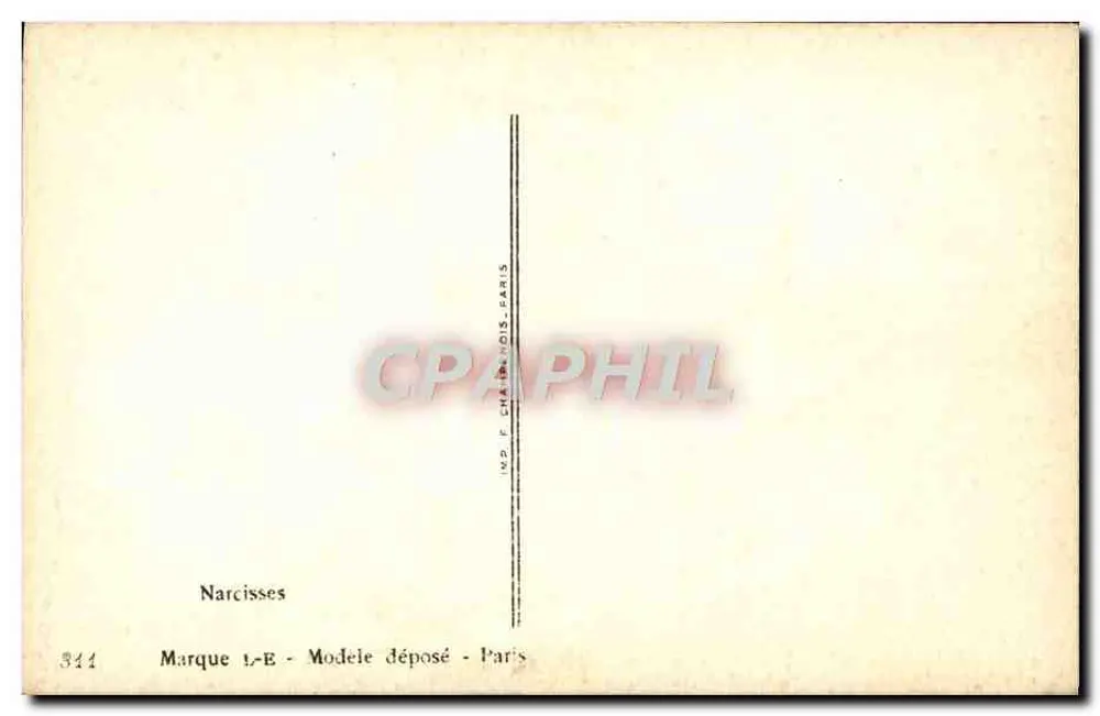 Narcisos — ilustração assinada 'Allibert' — Marca 1-E, modelo depositado, Paris - Verso