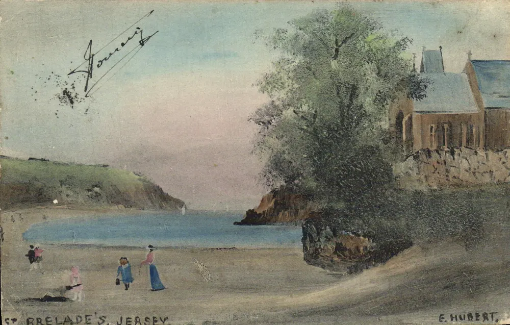 St Brelade's, Jersey — vue de la plage et de l'église — E. Hubert - Recto