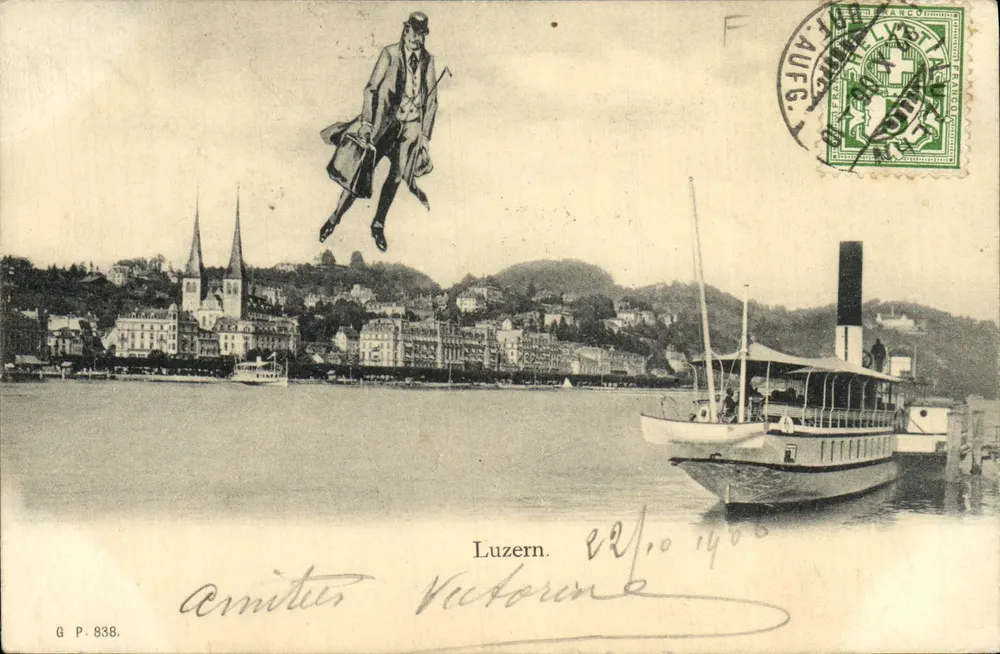 Lucerna — vista do lago com barco a vapor e homem voando — G P. 838 - Frente