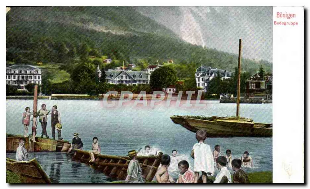 Bönigen Badogruppe — scène de baignade avec enfants et bateaux — éditeur Bönigen - Voorkant