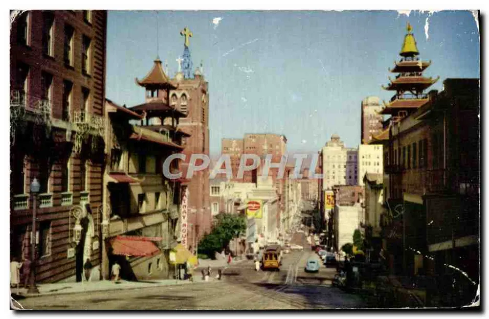 California Street — vue de Chinatown avec trolley — publiée par Smith Kens Co. et n° SF-30 - Frente