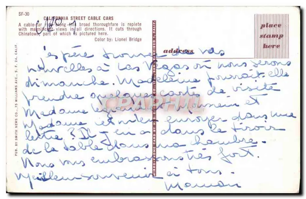 California Street — vue de Chinatown avec trolley — publiée par Smith Kens Co. et n° SF-30 - Verso