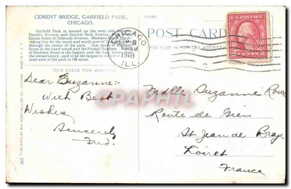 Ponte de concreto, parque Garfield, Chicago — editor Max Ridot Selling Co. n°303 - Verso