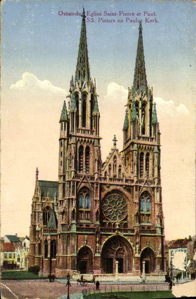 Ostende - Église Saint-Pierre et Saint-Paul — façade gothique avec deux flèches et rosace, éditeur 'SS. Pieters en Paulus Kerk.' - Frente