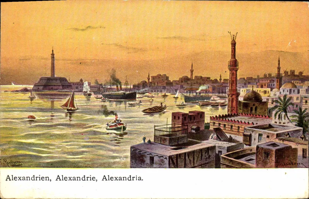 Alexandria — vista do porto com mesquitas e barcos — Levante, série 744 - Frente