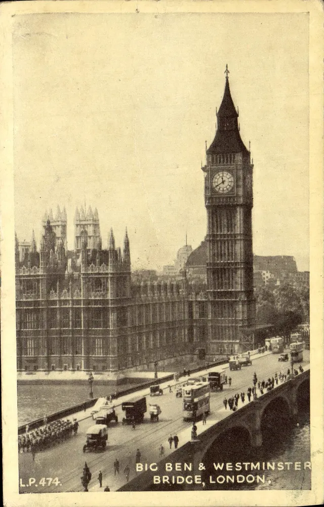 Big Ben & Westminster Bridge, London — Ansicht des Parlaments und der Turm, Verleger L.P.474 - Vorderseite