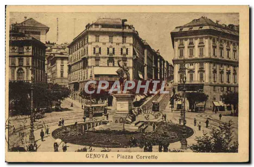Genova - Piazza Corvetto — vue de la place avec fontaine et tramway, éditeur Genova - Frente