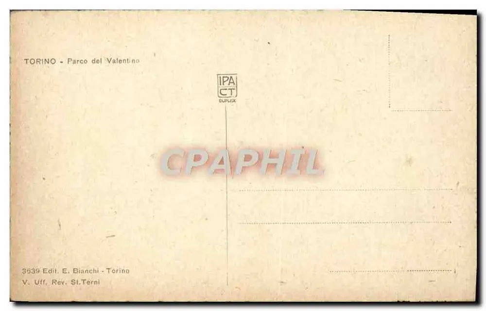 Turim - Parco del Valentino — trêm em um parque arborizado — editor E. Bianchi, n° 3639 - Verso