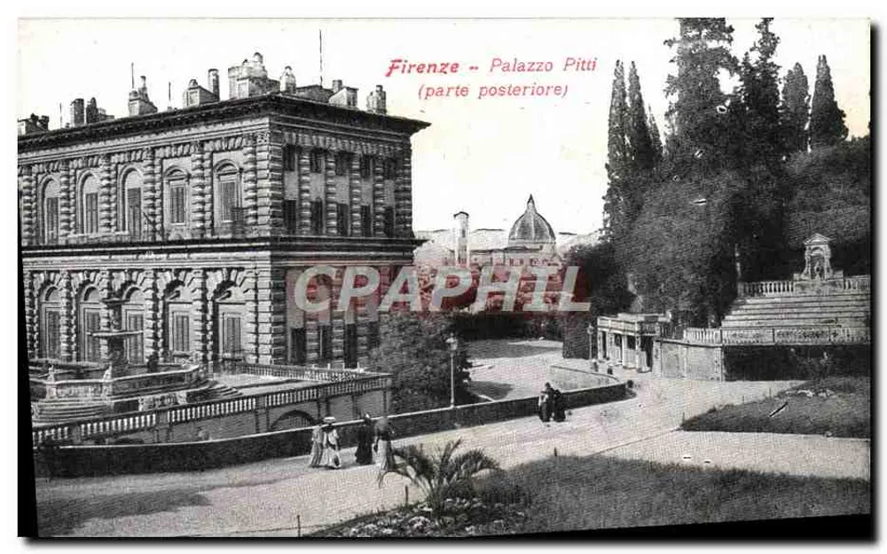 Firenze - Palazzo Pitti (parte posterior) — vista posterior do palácio — editor Visto Rev. Stampa, Milão - Frente