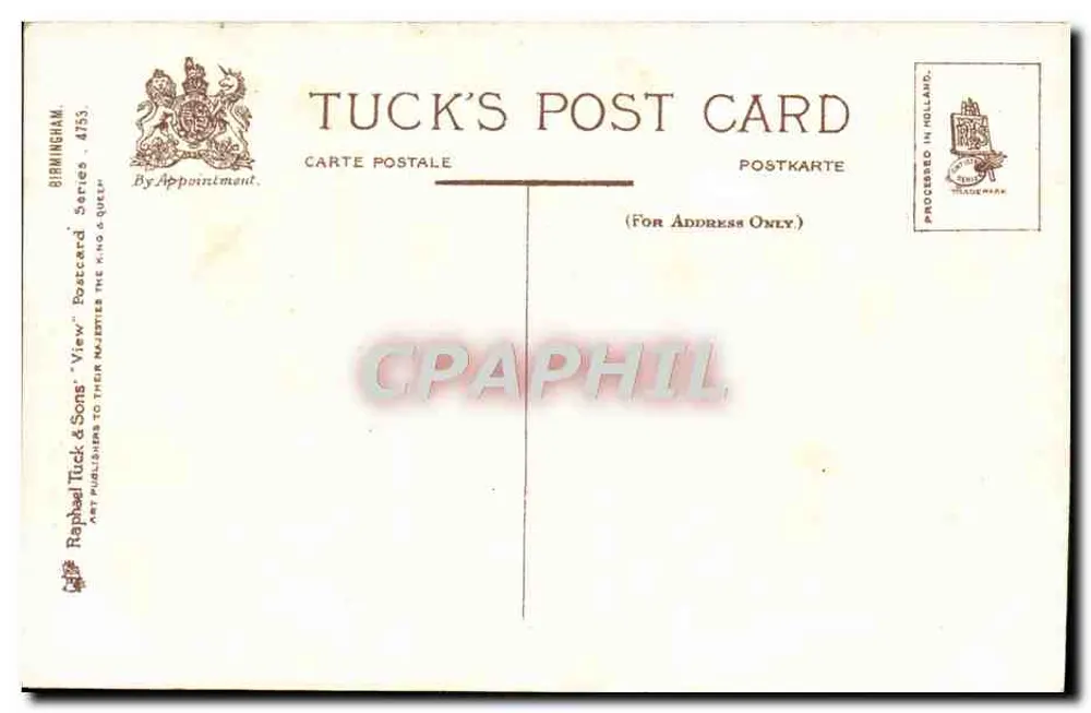 Birmingham. Uniwersytet — widok z placu z pomnikiem i budynkami — Tuck's Post Card, seria 4753 - Rewers