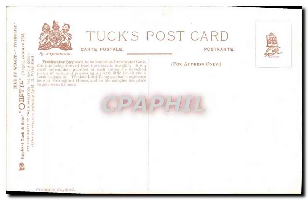 Freshwater Bay — Ilha de Wight — Tuck's Post Card n°702 - Verso