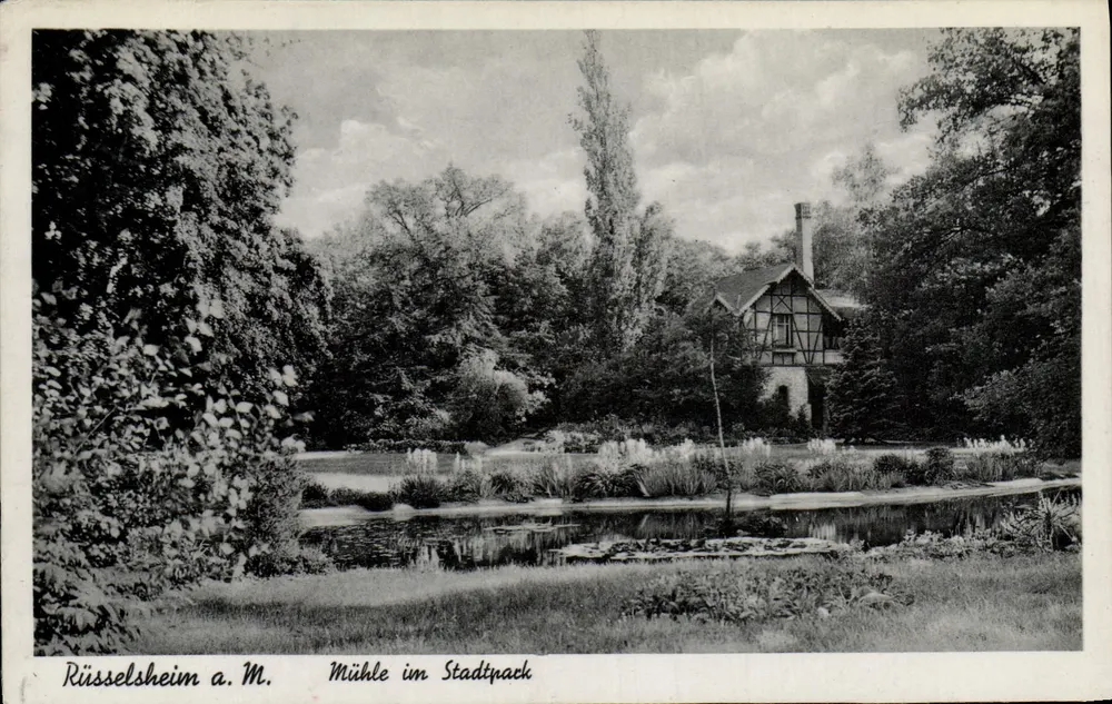 Rüsselsheim a.M. — Mulino nel parco cittadino — Proprietà e editore Libreria Scherz - Recto