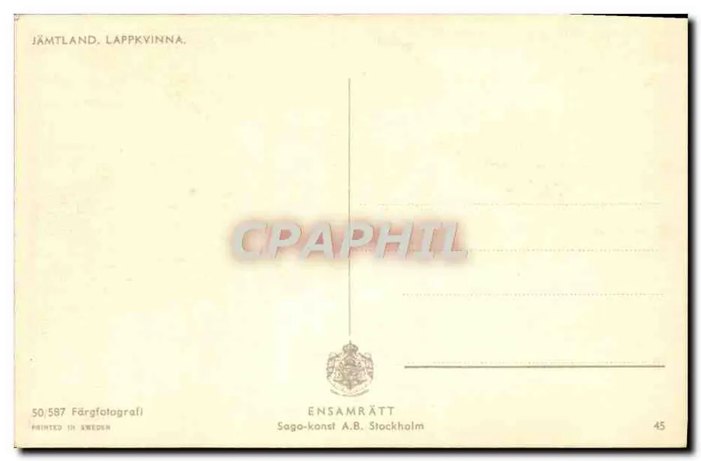 Lapponne em traje tradicional — Jämtland, Suécia — Saga-konst A.B. Stockholm, n° 50/587 - Verso