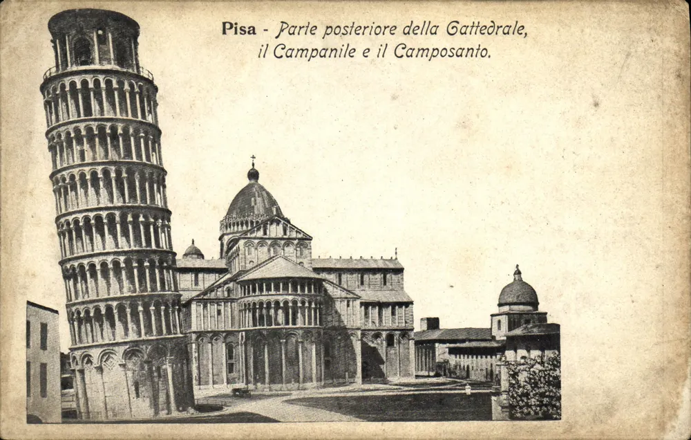 Pisa - Hinterseite der Kathedrale, der Glockenturm und der Camposanto - Vorderseite