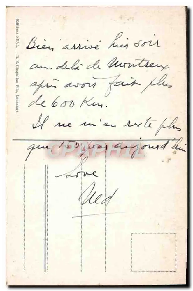Castelo de Chillon & Golfe de Montreux — Bilhete postal antigo n°1219 — Editor R. B. Chapularier Fils, Lausanne - Verso