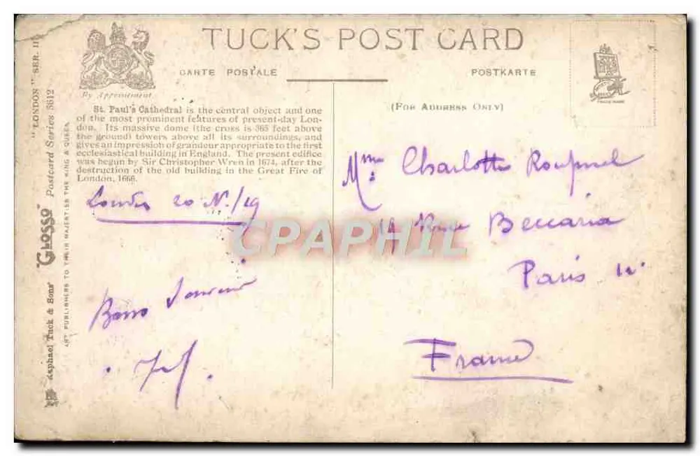 LONDRES. CATEDRAL DE SÃO PAULO — TUCK'S POST CARD, SÉRIE 8812 - Verso