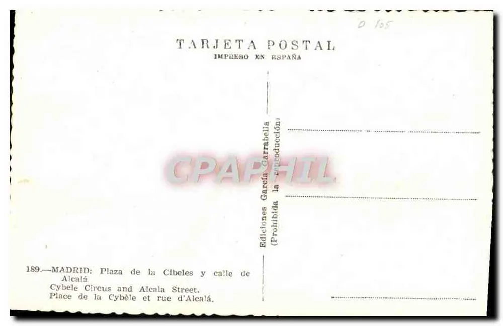 Madrid — Plaza de Cibeles und calle de Alcalá — Editions García Carrabella, n° 189 - Rückseite