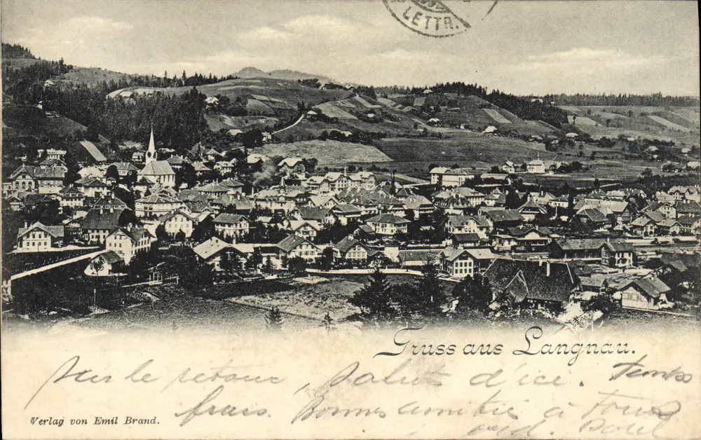 Langnau — vista panorâmica — Verlag von Emil Brand, número de série não visível - Frente