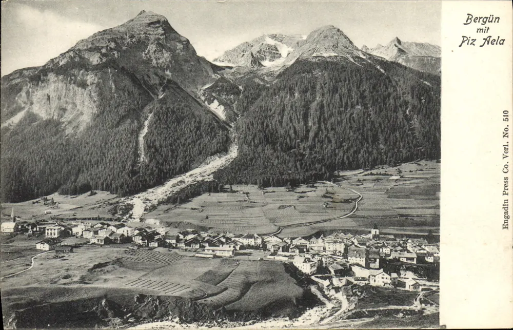 Bergün com o Piz Nela — vista panorâmica — Engadîn Press Co. Verl. No. 510 - Frente