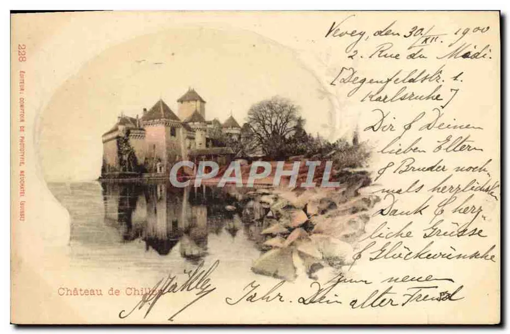 Château de Chillon — vue sur le lac avec reflets — Éditeur: L'Imprimerie de Phototypie, Neuchâtel, n° 228 - Frente
