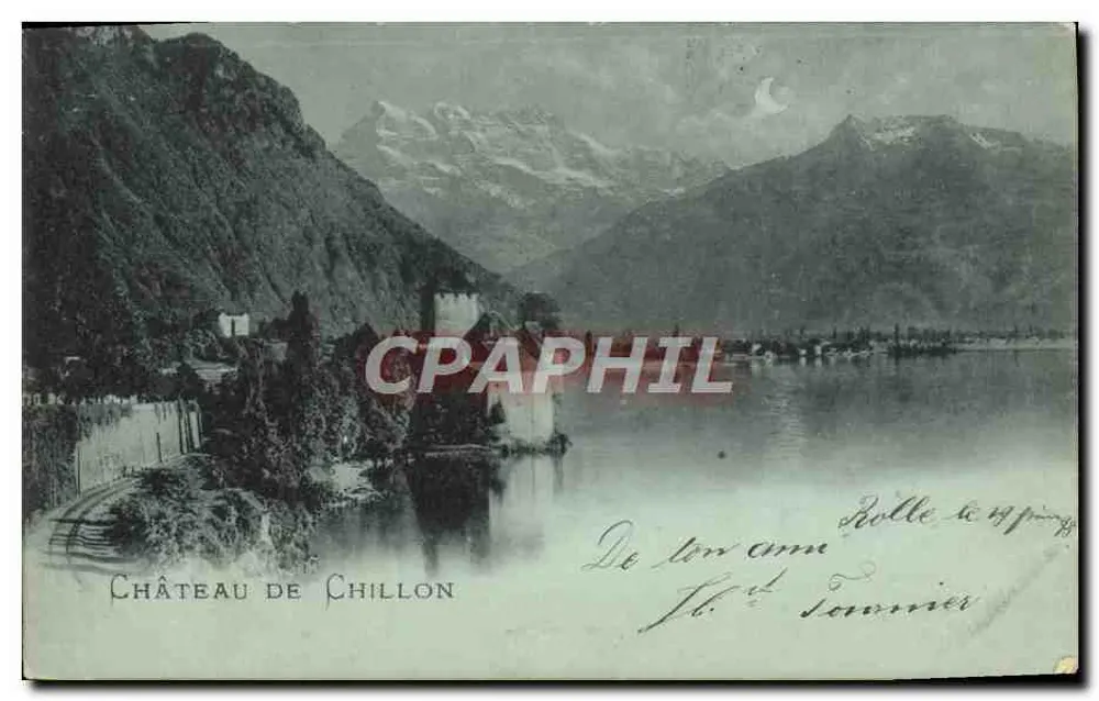 Castelo de Chillon — vista lacustre com montanhas nevadas — editor Rolle & Sommerier - Frente