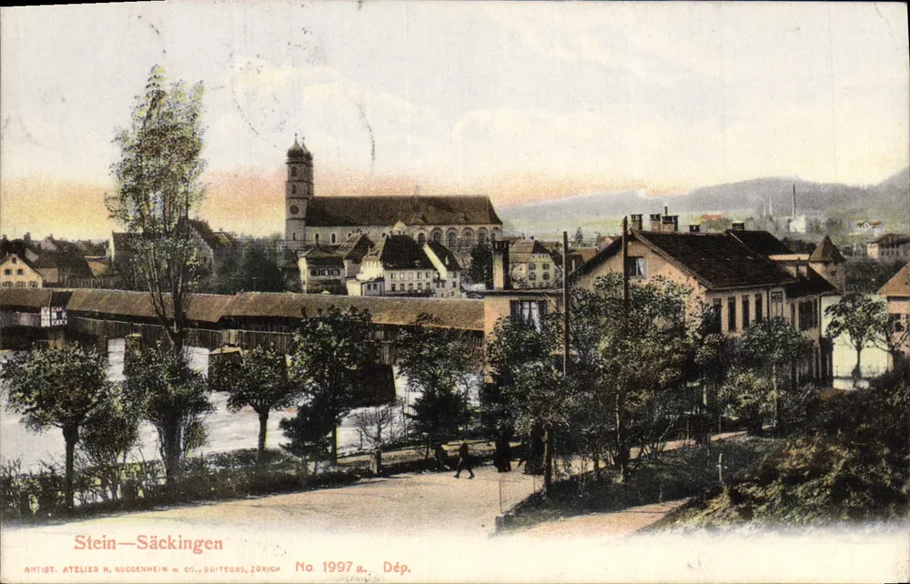 Stein-Säckingen — vista do vilarejo com igreja e ponte — Atelier H. Quegenheim & Co., editores Zurich, No 1997 a. - Frente