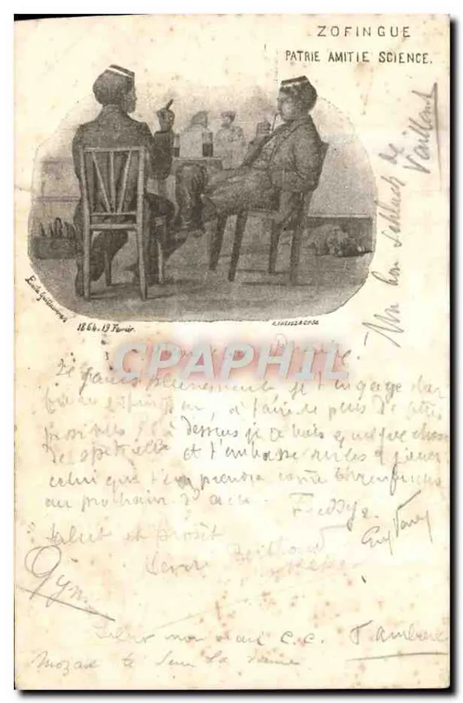 Zwei Männer in Uniform diskutieren — Zofingue — Verlag Zofingue, n° 1864.19 Februar - Vorderseite