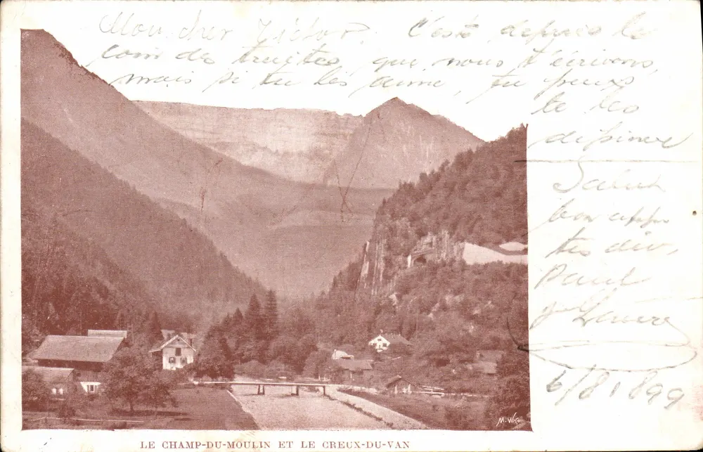 Le Champ-du-Moulin und Le Creux-du-Van — Bergansicht mit Dorf — Verlag J. Véga, Nummer nicht sichtbar - Vorderseite