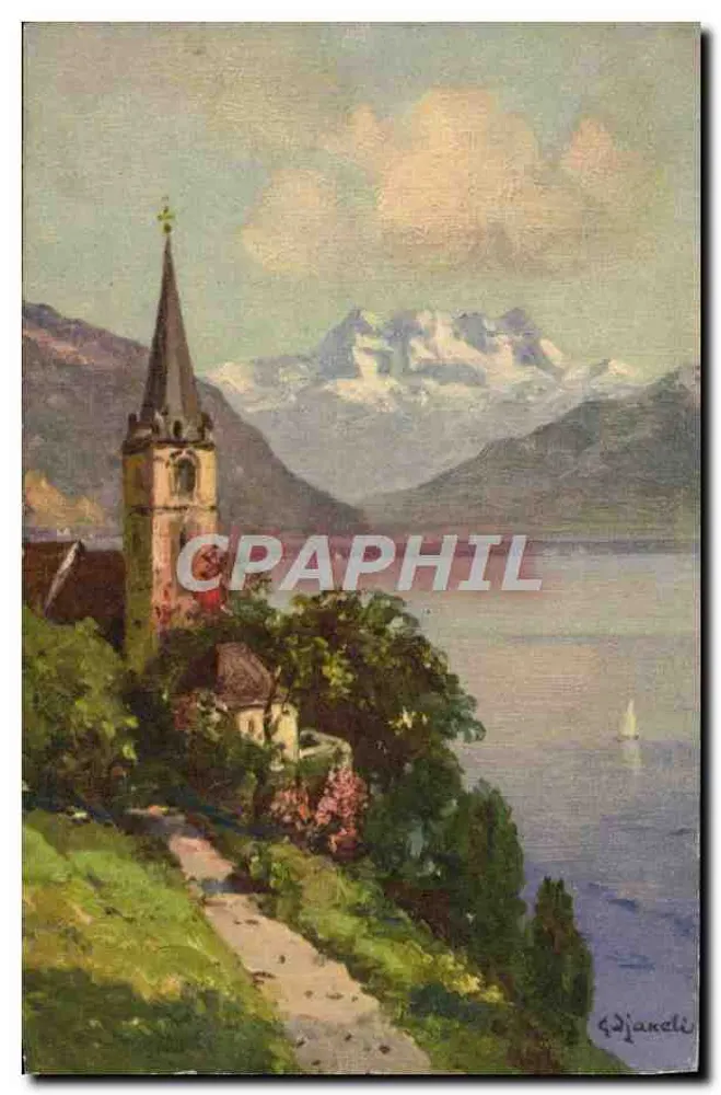 Kirche von Montreux und die Dents du Midi — Malerei von G. Djakali — Verleger nicht sichtbar - Vorderseite