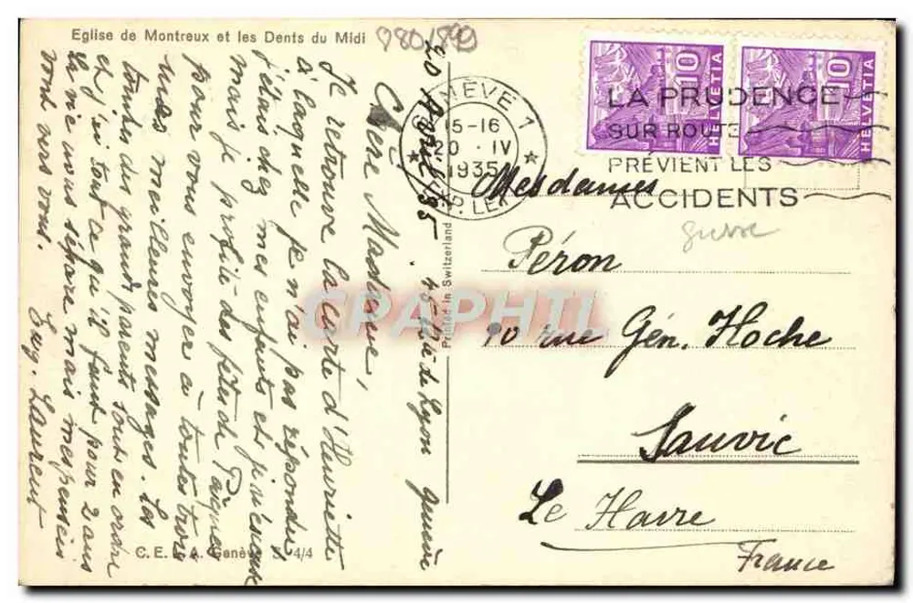 Kirche von Montreux und die Dents du Midi — Malerei von G. Djakali — Verleger nicht sichtbar - Rückseite