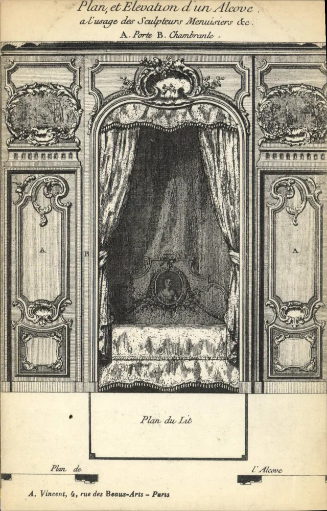 Alcova — Planta e elevação para escultores e carpinteiros — A. Vincent, 4, rue des Beaux-Arts - Paris - Frente
