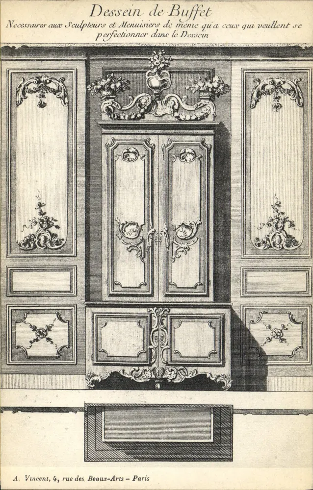 Zeichnung eines Buffets — Notwendigkeiten für Bildhauer und Schreiner — A. Vincent, 4, rue des Beaux-Arts – Paris - Vorderseite