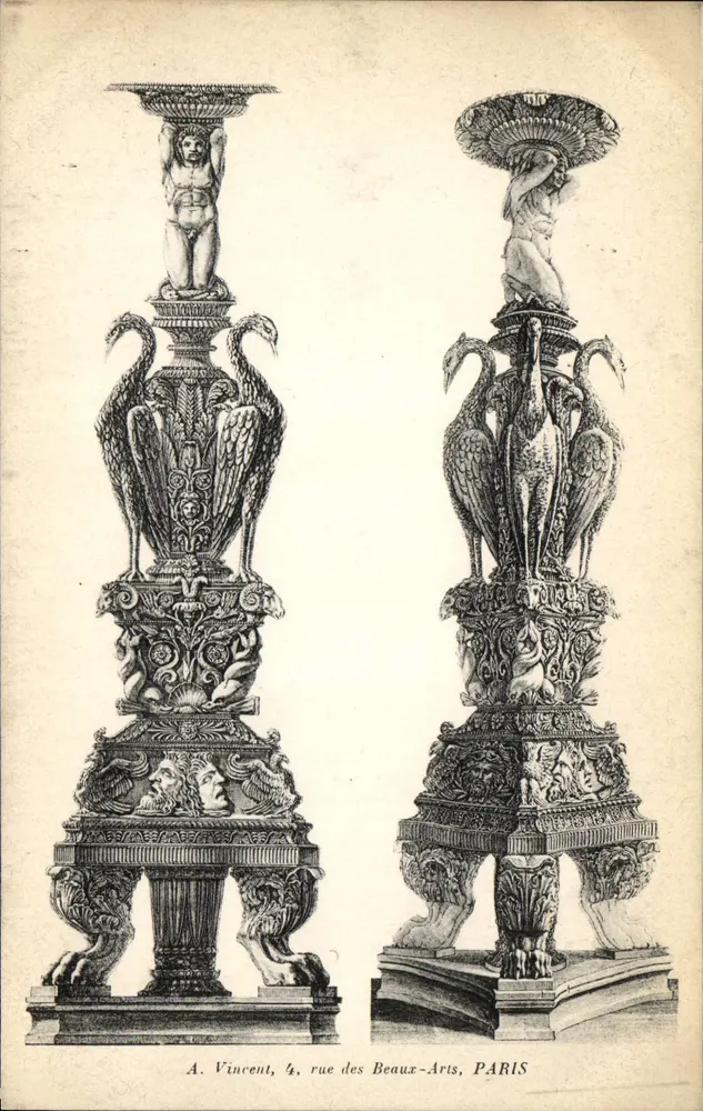 Pares de candelabros esculpidos — A. Vincent, 4, rue des Beaux-Arts, PARIS - Frente