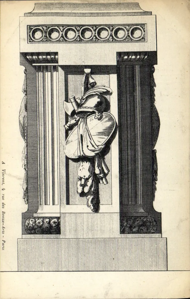 Detalle arquitectónico — estatua de guerrero — A. Vincent, 4 rue des Beaux-Arts - París - Anverso
